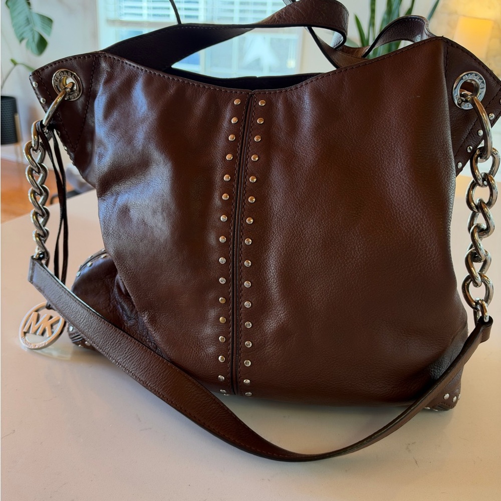 Michael Kors Astor Brown Leather Studded Hobo Bag Y2K